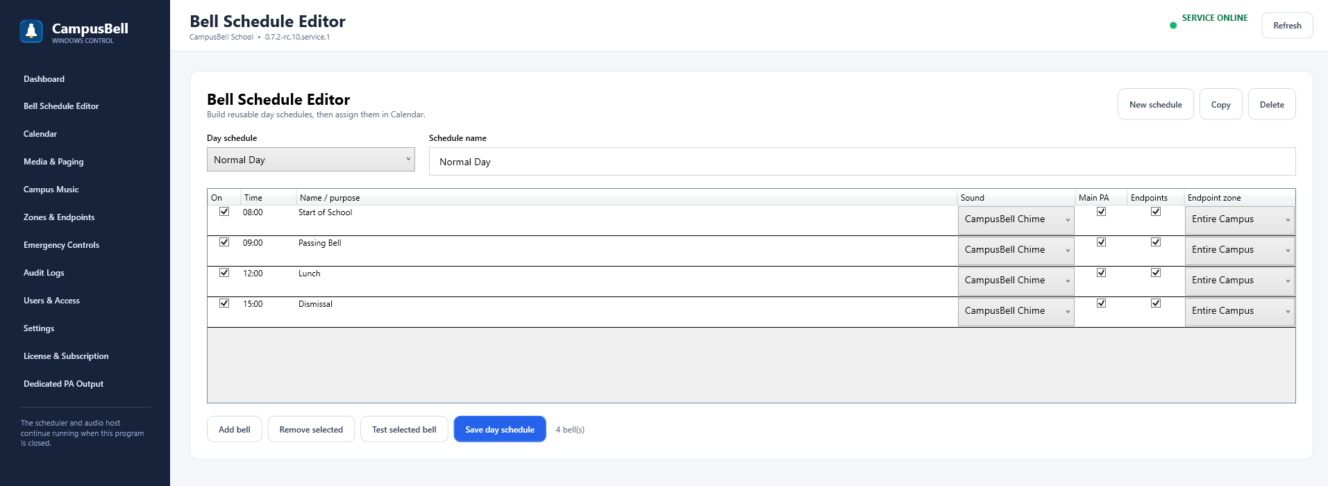 Bell Schedule Editor with a saved Normal Day schedule.