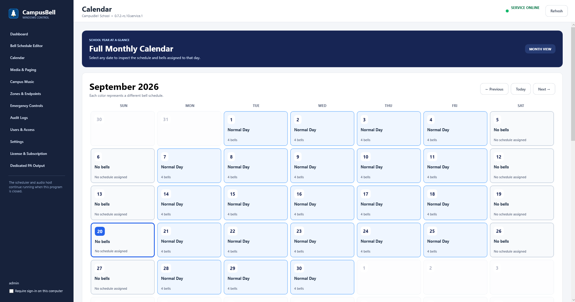 Calendar month view showing Normal Day assignments and No bells dates.
