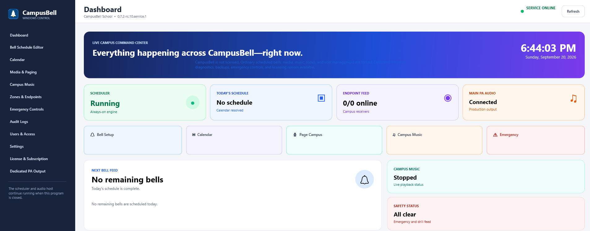 Campus Bell Dashboard showing live operational status