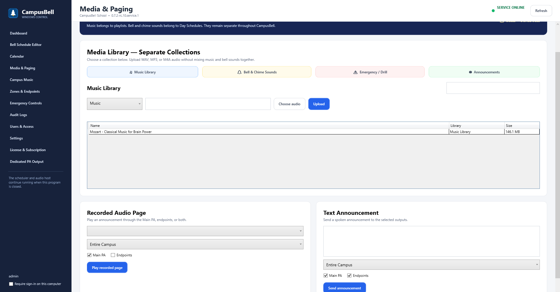 Media & Paging is the current workspace for paging and announcements.